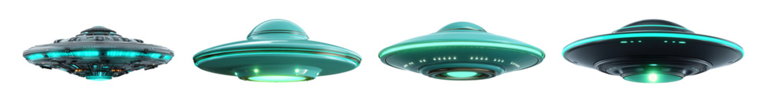 Four different ufos isolated on transparent background, flying saucers in a row