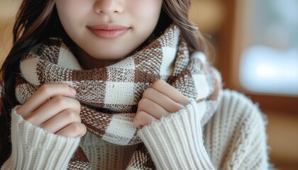 アースカラーのぬくもり：ブラウンチェックのマフラーと生成りニットの女性