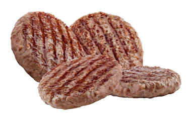 delicious photograph of four freshly grilled beef burger patties isolated on a pure transparent background, perfect for barbecue menus.