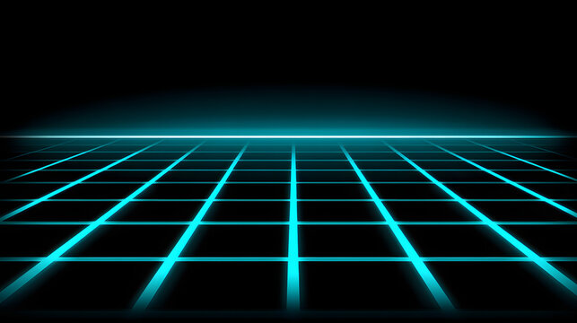 A futuristic digital grid in vibrant blue glowing lines against a black backdrop, evoking a sci-fi atmosphere. - Powered by Adobe