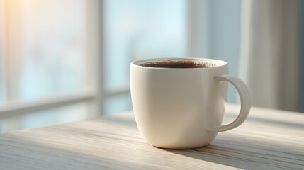 Obraz premium A cozy cup of coffee on a wooden table, illuminated by warm morning light, creating a serene and inviting atmosphere.