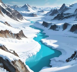 View of a glacial valley surrounded by sharp snow peaks