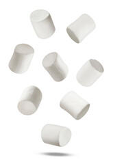 dynamic photograph capturing multiple fluffy white marshmallows falling and suspended in mid-air against a high-contrast transparent background.