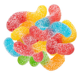 high-definition photograph capturing a dense cluster of colorful, sugar-coated sour gummy worms...