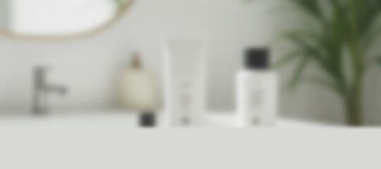 Blurred bright bathroom interior, horizontal banner with copy space