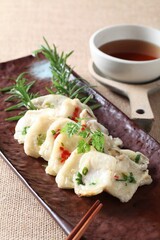 A Korean-style fried dish made with king oyster mushrooms coated in sticky rice batter, combining crispy texture and savory flavor. Crafted by Master Chef Hanshunseop. Photographed in Korea.