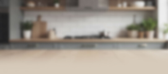 Soft blurred view of a bright modern kitchen interior,  home background with copy space