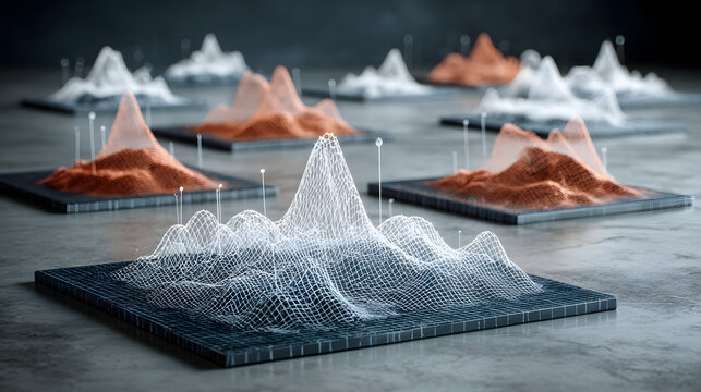 Abstract 3D data visualizations in white and orange, showcasing intricate patterns on a textured surface.