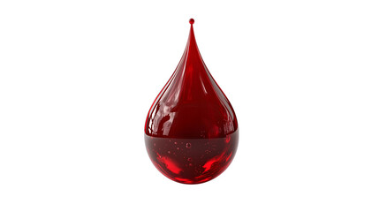 Obraz premium A single, isolated, shiny, red drop of liquid on a plain white background with a small shadow