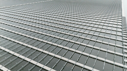 Water buoy platform array for Floating Solar Panel farm. Solar panel PV System in Industry lake