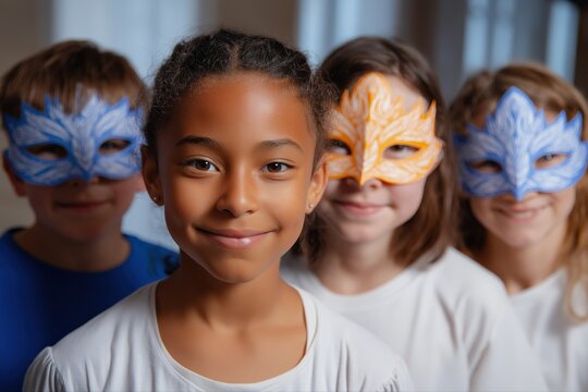 Group of diverse children wearing colorful masks smiling at camera - Powered by Adobe