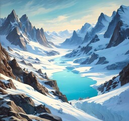 View of a glacial valley surrounded by sharp snow peaks