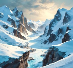 View of a glacial valley surrounded by sharp snow peaks