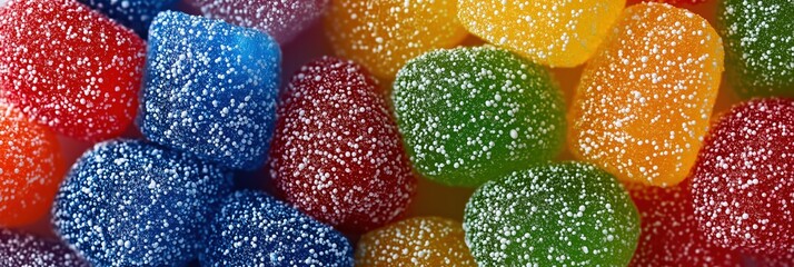 Assorted sugary jelly candy close-up with colorful coating and texture
