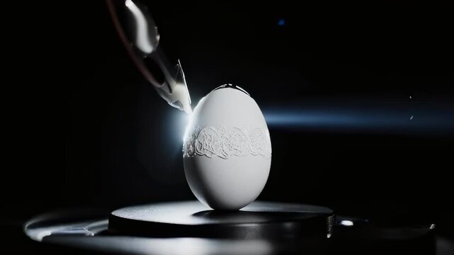 White Egg With Intricate Patterns Being Etched With A Laser In A Dark Studio Setting With Dramatic Lighting