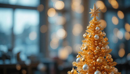 Gold Christmas Tree with White Ornaments and Star Topper