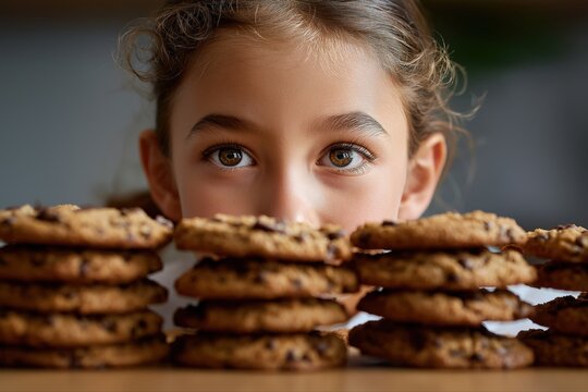 Curious young girl with brown eyes peeking over stacks of fresh chocolate chip cookies