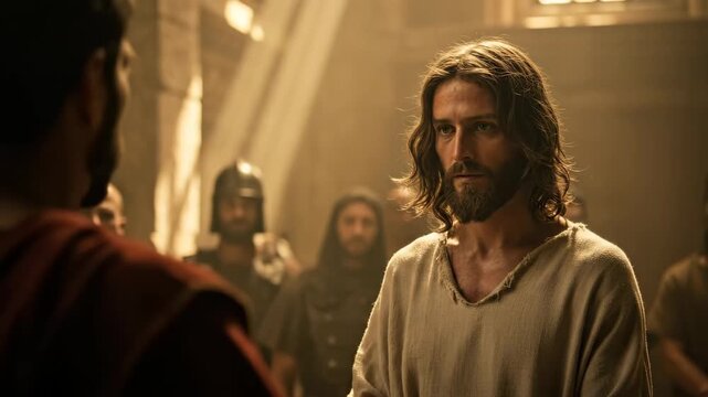  Jesus Christ on trial before Pontius Pilate, a historical biblical scene, Good Friday devotion footage