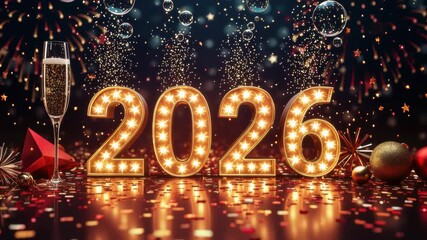 Joyful new year 2026 celebration for festive holiday party with bright firework, glowing golden text and shiny bokeh - Powered by Adobe