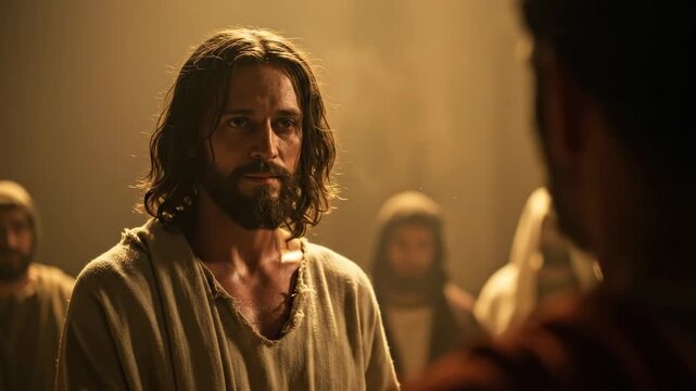 Man, as Jesus Christ, listens intently to accuser during trial, a poignant depiction of Passion Friday biblical footage.
