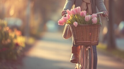 A woman rides her bicycle adorned with a basket of pink tulips, surrounded by a warm, golden-hued evening light.