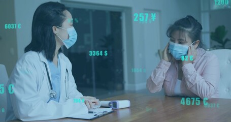 Discussing medical fees doctor and patient at clinic table with floating currency overlays