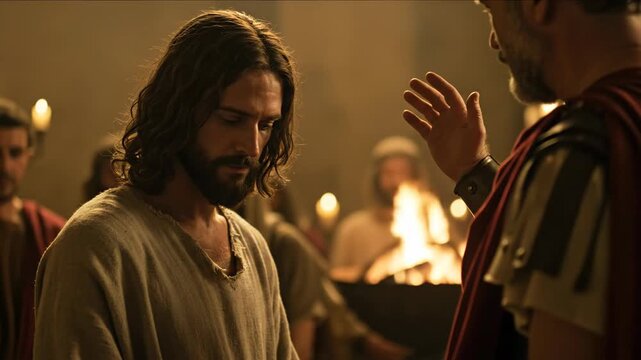 Jesus christ standing before pontius pilate or high priest, a man in roman armor, during his trial, footage
