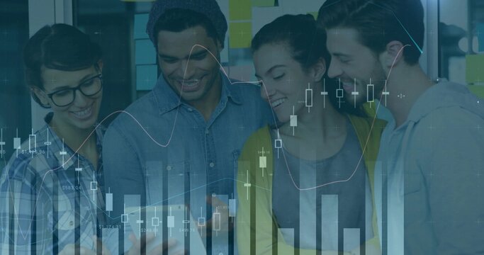 Group colleagues reviewing data on smartphone in office space, with sticky notes, financial charts