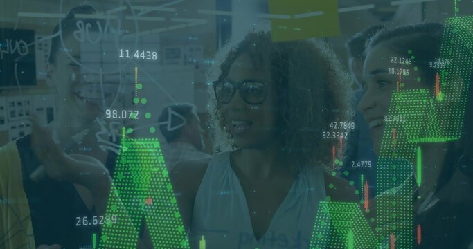 Group of six coworkers reviewing digital financial charts in office, with smartphone and coffee mug