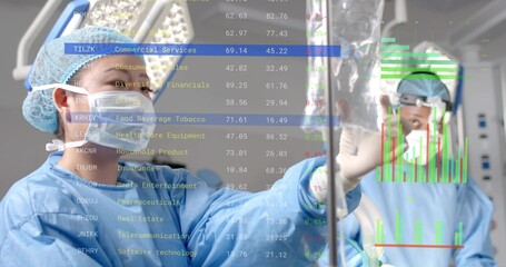 Adjusting Asian nurse manipulating IV fluid bag on IV pole in ward, with financial data overlay