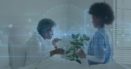 Nurse in blue scrubs administering pill to patient in home bedroom, glass of water and stethoscope
