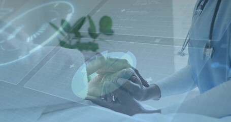 Holding hands nurse supporting patient in hospital gown on bed, with stethoscope, overlay and plant