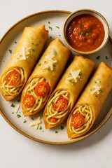 Deliciously Twist on Pasta Rolls with Tomato Sauce and Garnish