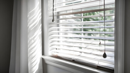 Bright natural light streaming through wooden blinds, creating soft shadows in a serene indoor setting.