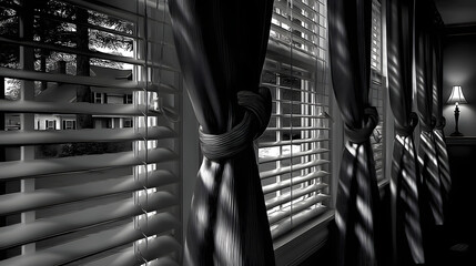 A monochrome view from inside a cozy room, framed by elegantly tied curtains and soft shadows from the outdoor sunlight.