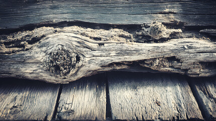 Textured wooden log with intricate patterns, resting on aged wooden planks, evoking a rustic, natural ambiance.