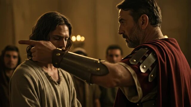 Man at trial before roman official, passion week bible scene. Historical biblical drama. Footage.