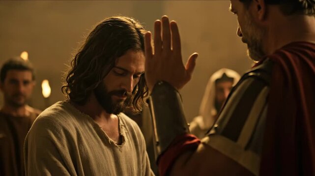 Man portrays Jesus christ before roman soldiers during trial, good friday reenactment footage - Powered by Adobe