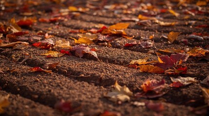 Fallen autumn leaves on a track of mud.
