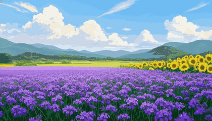 A Field of Sunlight Sky, Wildflowers, and Sunflowers isolated watercolor vector illustration svg