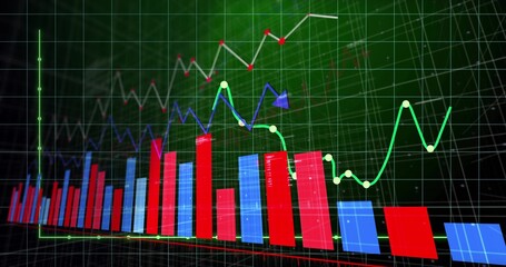 Displaying charting interface, red blue bars, line charts with markers over neon green grid axes