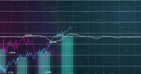Displaying financial data on screen with colored line graphs and bar charts showing percentages