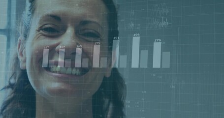 Smiling adult woman wearing dark top displaying bar chart waveform overlay in dashboard, grid lines