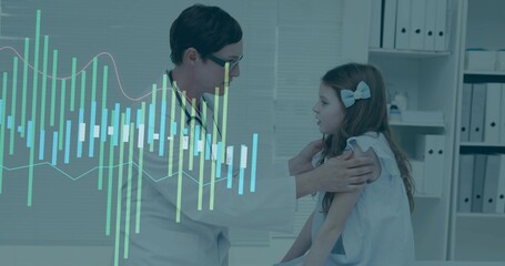 Examining doctor wearing lab coat placing stethoscope on patient in exam room, with data overlay