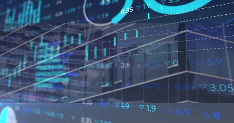 Superimposing financial chart data on urban office facade, with candlestick bars and trend lines