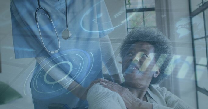 Assisting nurse in scrubs with stethoscope supporting wheelchair user in living room, data overlay