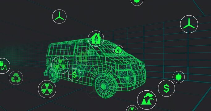 Displaying green wireframe van model floating in digital grid tunnel, surrounding eco energy icons