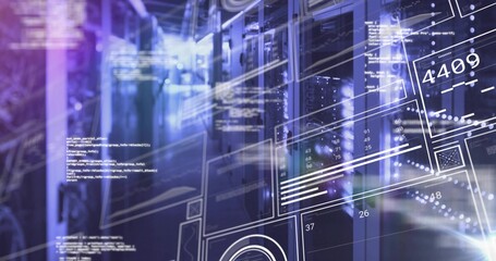 Blinking LED lights illuminating server racks in secure data center corridor, with code overlays