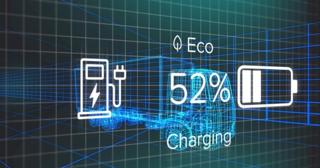 Moving wireframe semi-truck in virtual 3D grid, showing EV charging icon, battery icon and 52% text