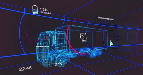 Moving blue wireframe semi-truck traveling through virtual grid tunnel, with battery gauge overlays